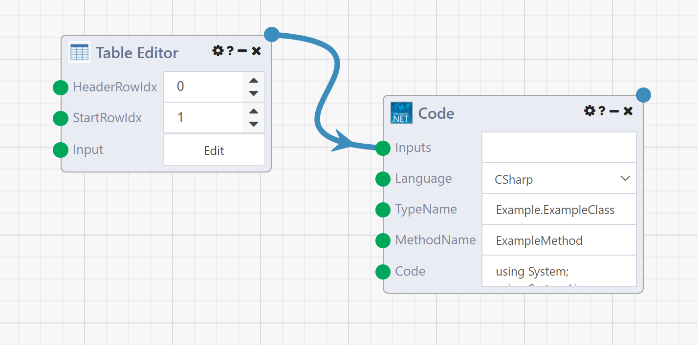 !Table Editor module generates a Composable Table and passes it as an input to the Code Module