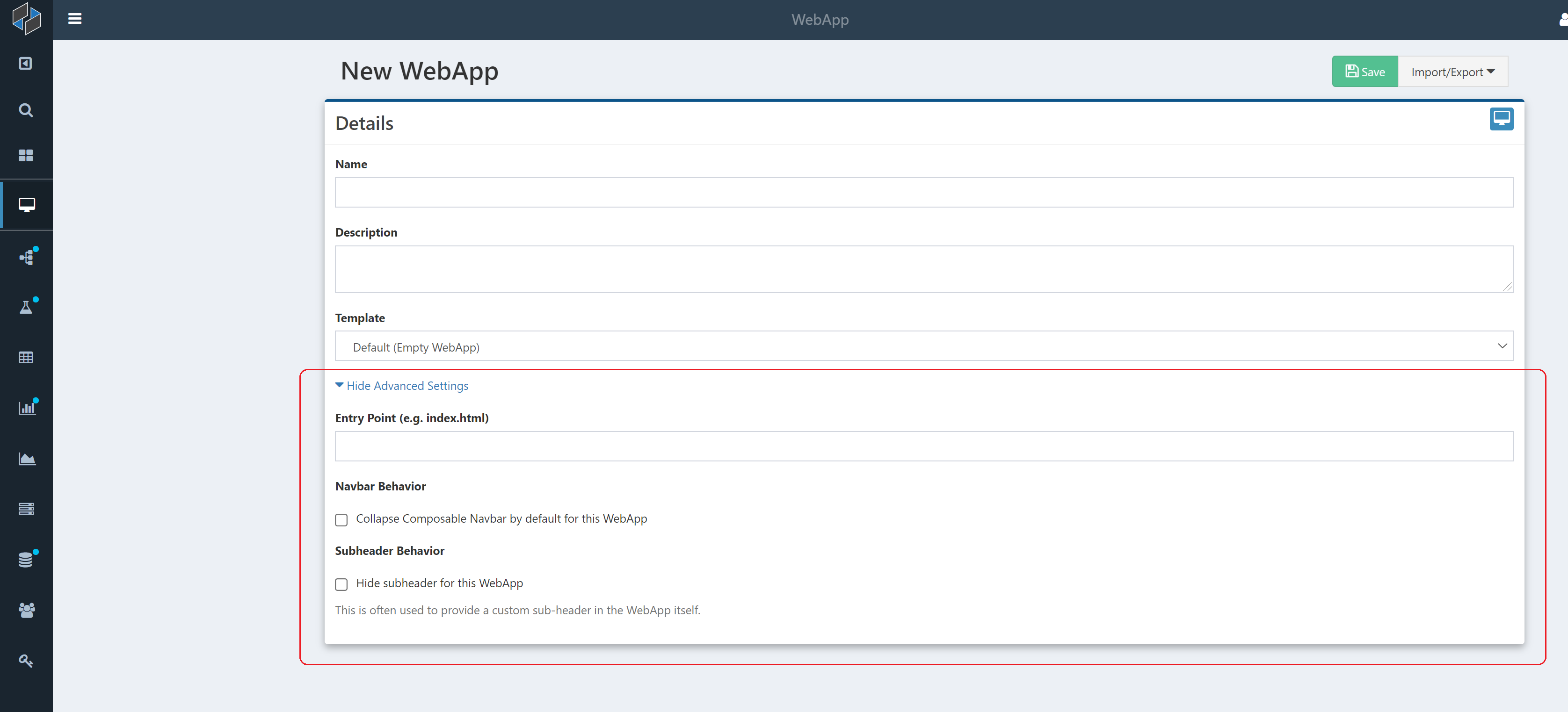 !Create a WebApp configuration screen with advanced settings shown